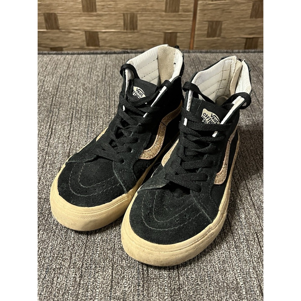 Vans Girls Black Suede High Top Shoes Sneakers Gold Glitter Trim Sz 12 Zipper